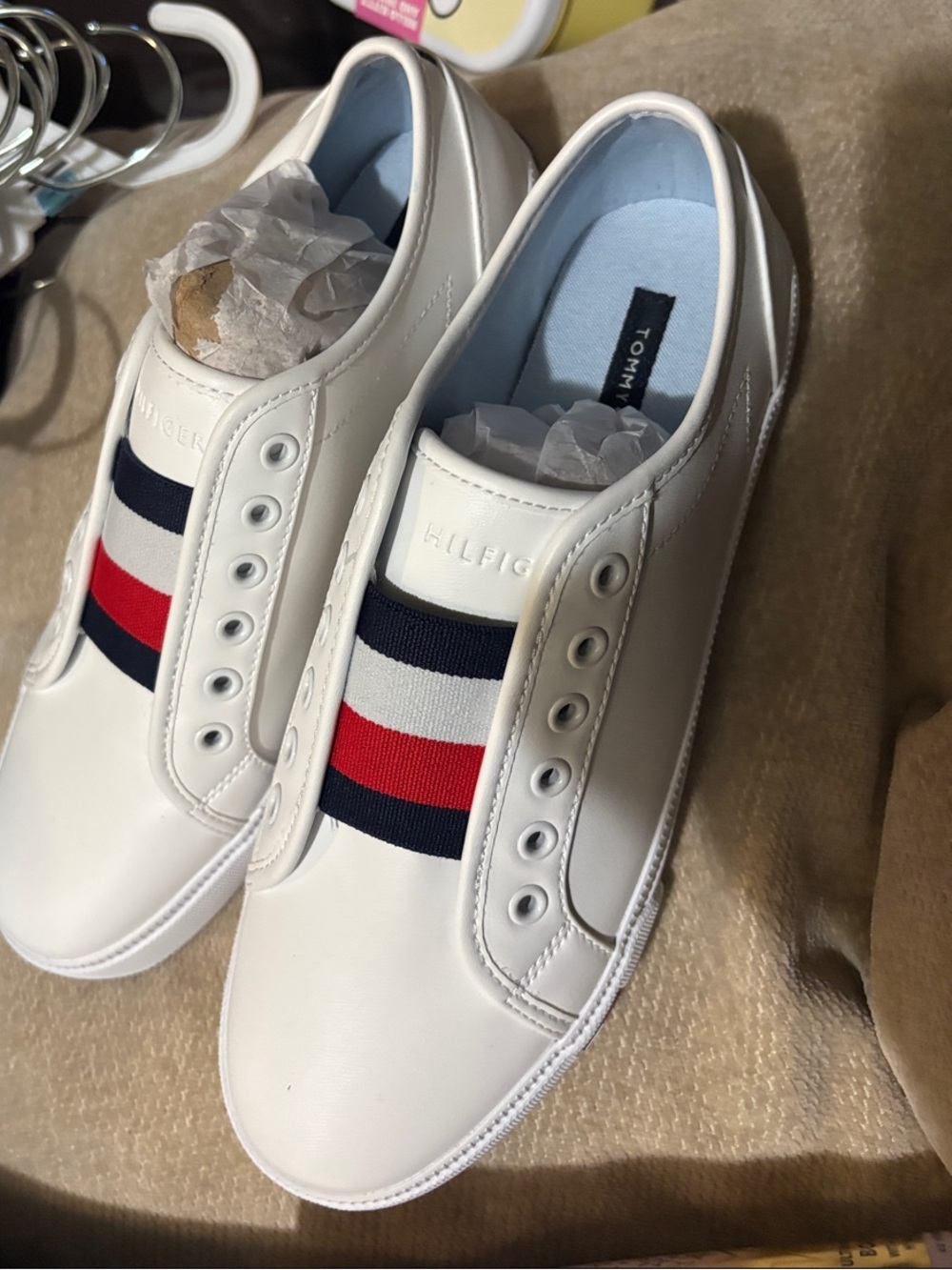 Tommy Hilfiger White Slip-On Sneakers with Navy & Red Stripes